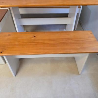 Farmhouse Style Wooden Kitchen Table /breakfast nook table– Natural Wood Top & White Base with bench seating and corner bench seat