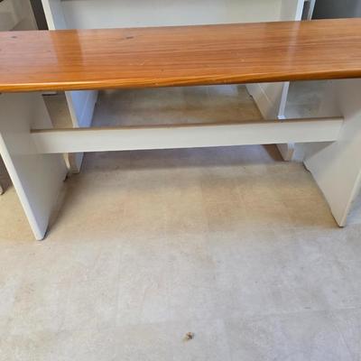 Farmhouse Style Wooden Kitchen Table /breakfast nook table– Natural Wood Top & White Base with bench seating and corner bench seat