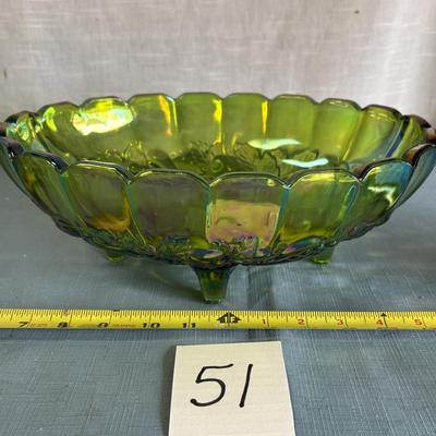 Vintage Iridescent Green Carnival Glass Footed Fruit Bowl