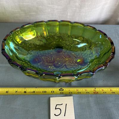 Vintage Iridescent Green Carnival Glass Footed Fruit Bowl