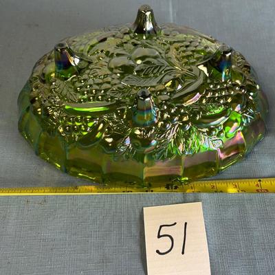 Vintage Iridescent Green Carnival Glass Footed Fruit Bowl