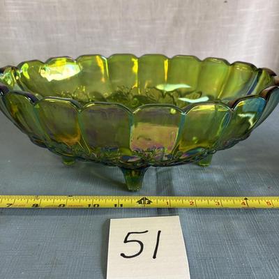 Vintage Iridescent Green Carnival Glass Footed Fruit Bowl