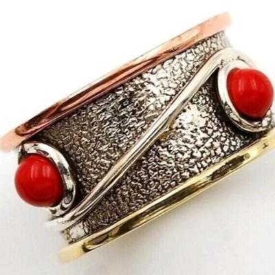 DAT - Three Tone Natural Red Coral 925 Sterling Silver Ring Sz 7.5