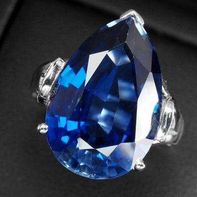 Elegant Blue Tanzanite Pear 16.55Ct 925 Sterling Silver White Gold Plated Ring