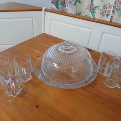 Princess House Heritage Etched Glass Cake Dome & Set of 6 mugs