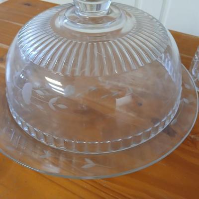 Princess House Heritage Etched Glass Cake Dome & Set of 6 mugs