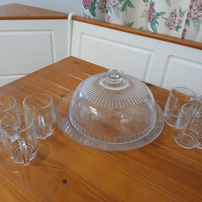 Princess House Heritage Etched Glass Cake Dome & Set of 6 mugs