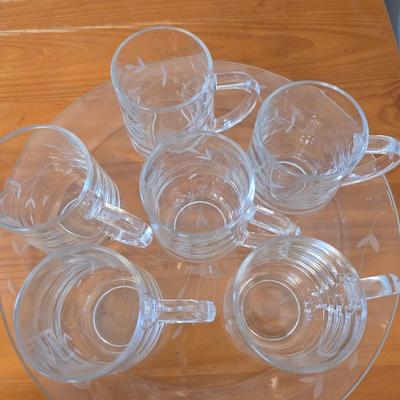 Princess House Heritage Etched Glass Cake Dome & Set of 6 mugs