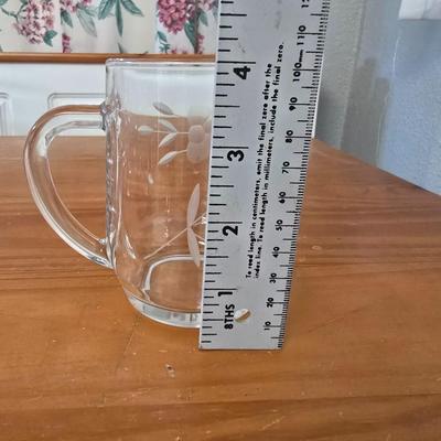 Princess House Heritage Etched Glass Cake Dome & Set of 6 mugs