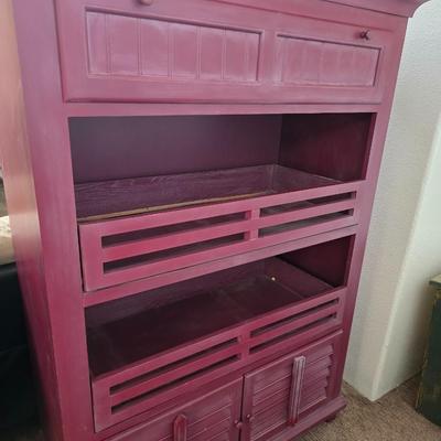Rustic Burgundy Painted Wood Cabinet / Hutch