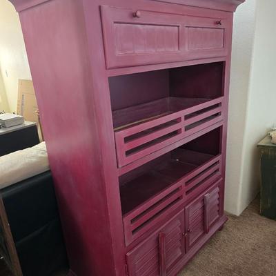 Rustic Burgundy Painted Wood Cabinet / Hutch