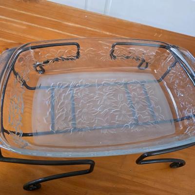 Princess House Fantasia Etched Glass Bakeware roasting pots– Set of 2 with 1 lid and metal racks