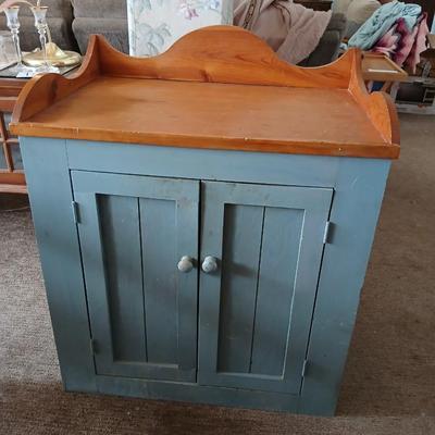 Vintage Wood Cabinet with Blue Base & Pine Top