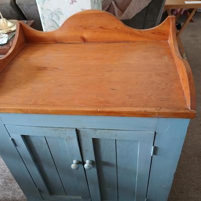 Vintage Wood Cabinet with Blue Base & Pine Top