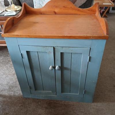 Vintage Wood Cabinet with Blue Base & Pine Top