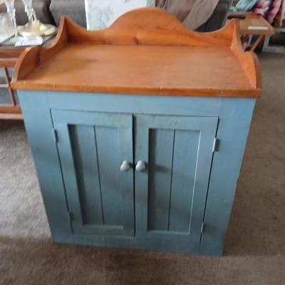 Vintage Wood Cabinet with Blue Base & Pine Top
