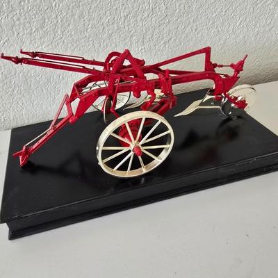 Limited Edition Cast Metal Farm Plow Replica – Red & Silver on Display Base