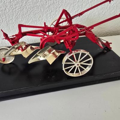 Limited Edition Cast Metal Farm Plow Replica – Red & Silver on Display Base