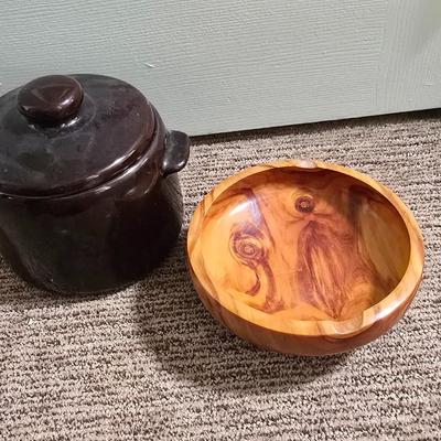 Rustic Charm Set – Stoneware Crock & Handcrafted by Boyd Williams - Estes Park, Co. Wood Bowl