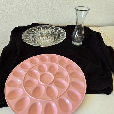 Retro Entertaining Set – Pink Deviled Egg Platter, Pressed Glass Serving Plate & Flared Bud Vase