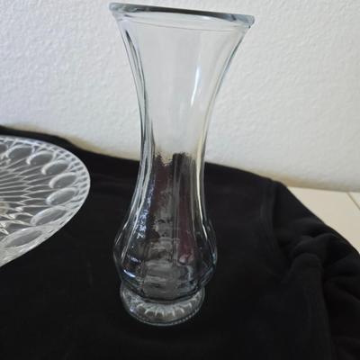 Retro Entertaining Set – Pink Deviled Egg Platter, Pressed Glass Serving Plate & Flared Bud Vase