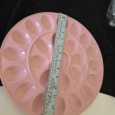 Retro Entertaining Set – Pink Deviled Egg Platter, Pressed Glass Serving Plate & Flared Bud Vase