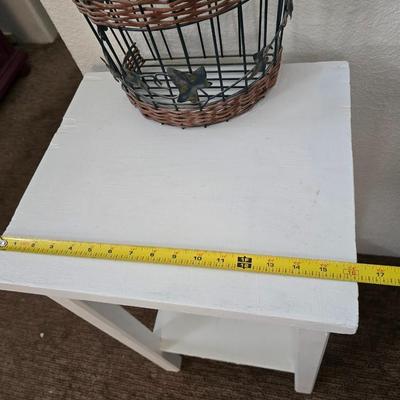 White Painted Wood Side Table with Lower Shelf + Metal & Wicker Basket