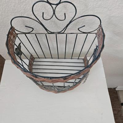 White Painted Wood Side Table with Lower Shelf + Metal & Wicker Basket