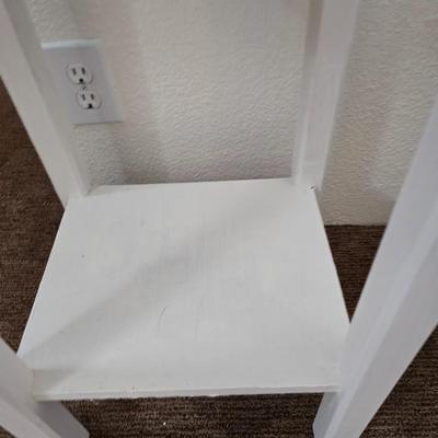 White Painted Wood Side Table with Lower Shelf + Metal & Wicker Basket