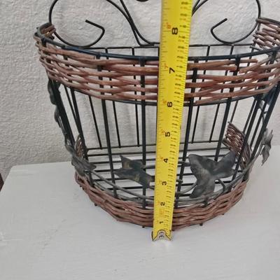 White Painted Wood Side Table with Lower Shelf + Metal & Wicker Basket