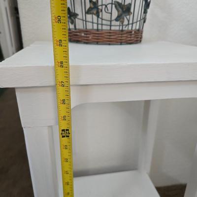 White Painted Wood Side Table with Lower Shelf + Metal & Wicker Basket