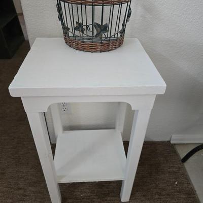 White Painted Wood Side Table with Lower Shelf + Metal & Wicker Basket