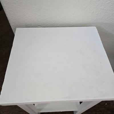 White Painted Wood Side Table with Lower Shelf + Metal & Wicker Basket