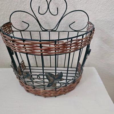 White Painted Wood Side Table with Lower Shelf + Metal & Wicker Basket