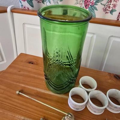 Decorative Home Accent Lot – Green Glass Vase, Leaf Sconce, Porcelain Napkin Rings & More