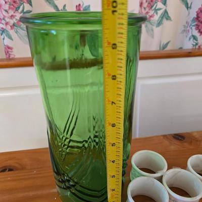 Decorative Home Accent Lot – Green Glass Vase, Leaf Sconce, Porcelain Napkin Rings & More