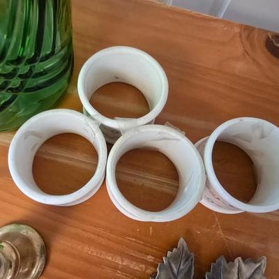 Decorative Home Accent Lot – Green Glass Vase, Leaf Sconce, Porcelain Napkin Rings & More
