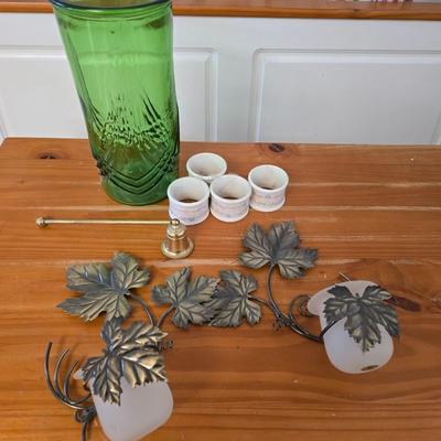 Decorative Home Accent Lot – Green Glass Vase, Leaf Sconce, Porcelain Napkin Rings & More