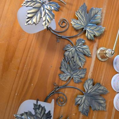 Decorative Home Accent Lot – Green Glass Vase, Leaf Sconce, Porcelain Napkin Rings & More