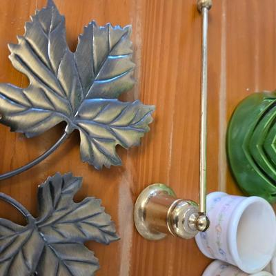 Decorative Home Accent Lot – Green Glass Vase, Leaf Sconce, Porcelain Napkin Rings & More