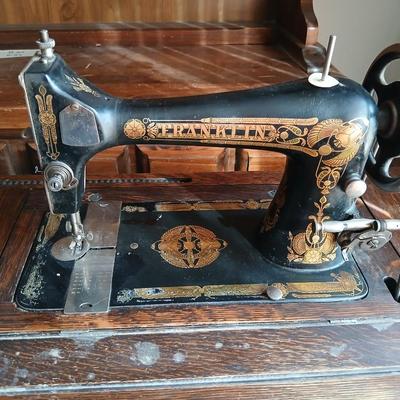 Antique Franklin Treadle Sewing Machine in Oak Cabinet – Ornate Cast Iron Base