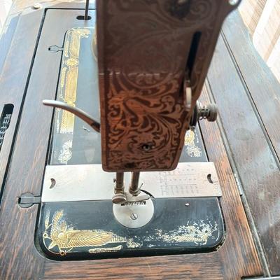 Antique Franklin Treadle Sewing Machine in Oak Cabinet – Ornate Cast Iron Base