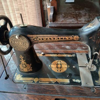Antique Franklin Treadle Sewing Machine in Oak Cabinet – Ornate Cast Iron Base
