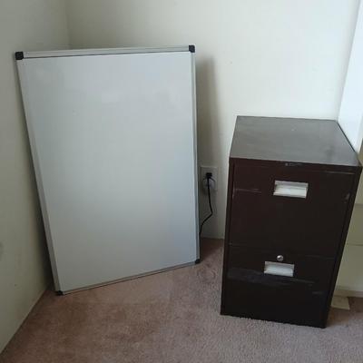 Office Essentials Lot – Metal Filing Cabinet + Framed White Board
