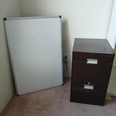 Office Essentials Lot – Metal Filing Cabinet + Framed White Board