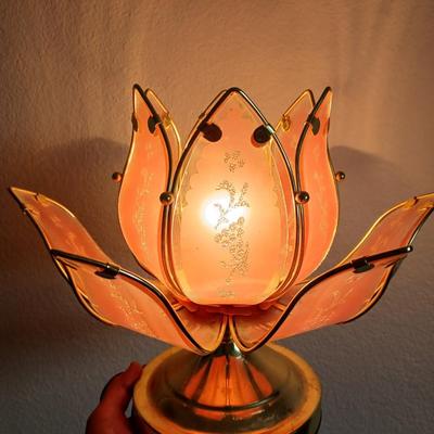 Vintage Lotus Flower Touch Lamp – Pink Frosted Glass & Gold Tone Base
