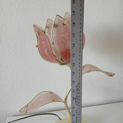 Vintage Tulip Flower Touch Lamp – Pink Frosted Glass with Leaf Accents