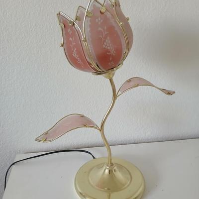 Vintage Tulip Flower Touch Lamp – Pink Frosted Glass with Leaf Accents