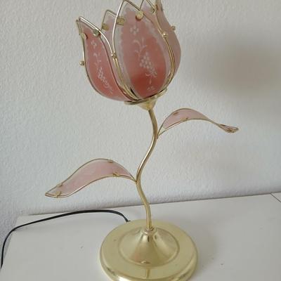 Vintage Tulip Flower Touch Lamp – Pink Frosted Glass with Leaf Accents