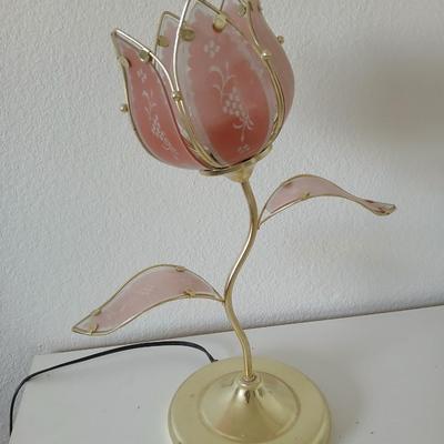 Vintage Tulip Flower Touch Lamp – Pink Frosted Glass with Leaf Accents